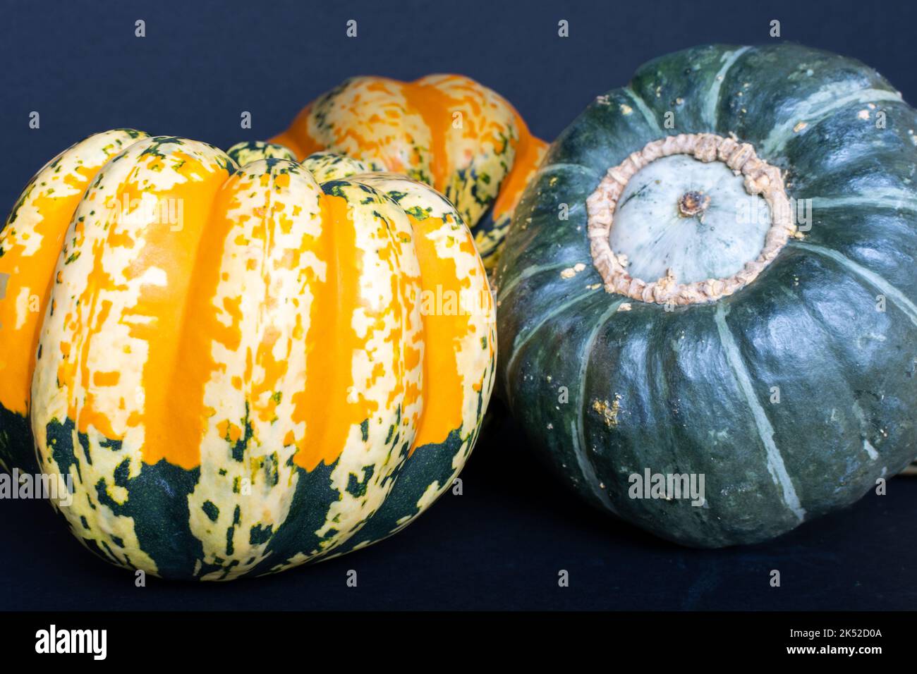 Una raccolta autunnale di zucca invernale colorata e decorativa. Foto Stock