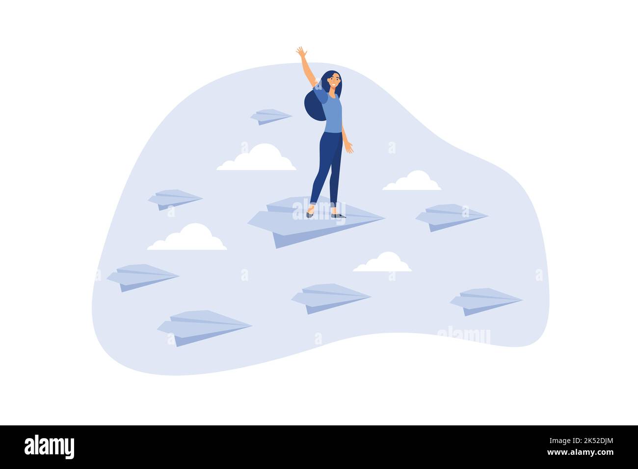 Dirigenza di affari, potere della donna per condurre l'azienda per realizzare l'obiettivo, donna d'affari astuta di fiducia in piedi sul primo aereo di carta volante origami p Illustrazione Vettoriale