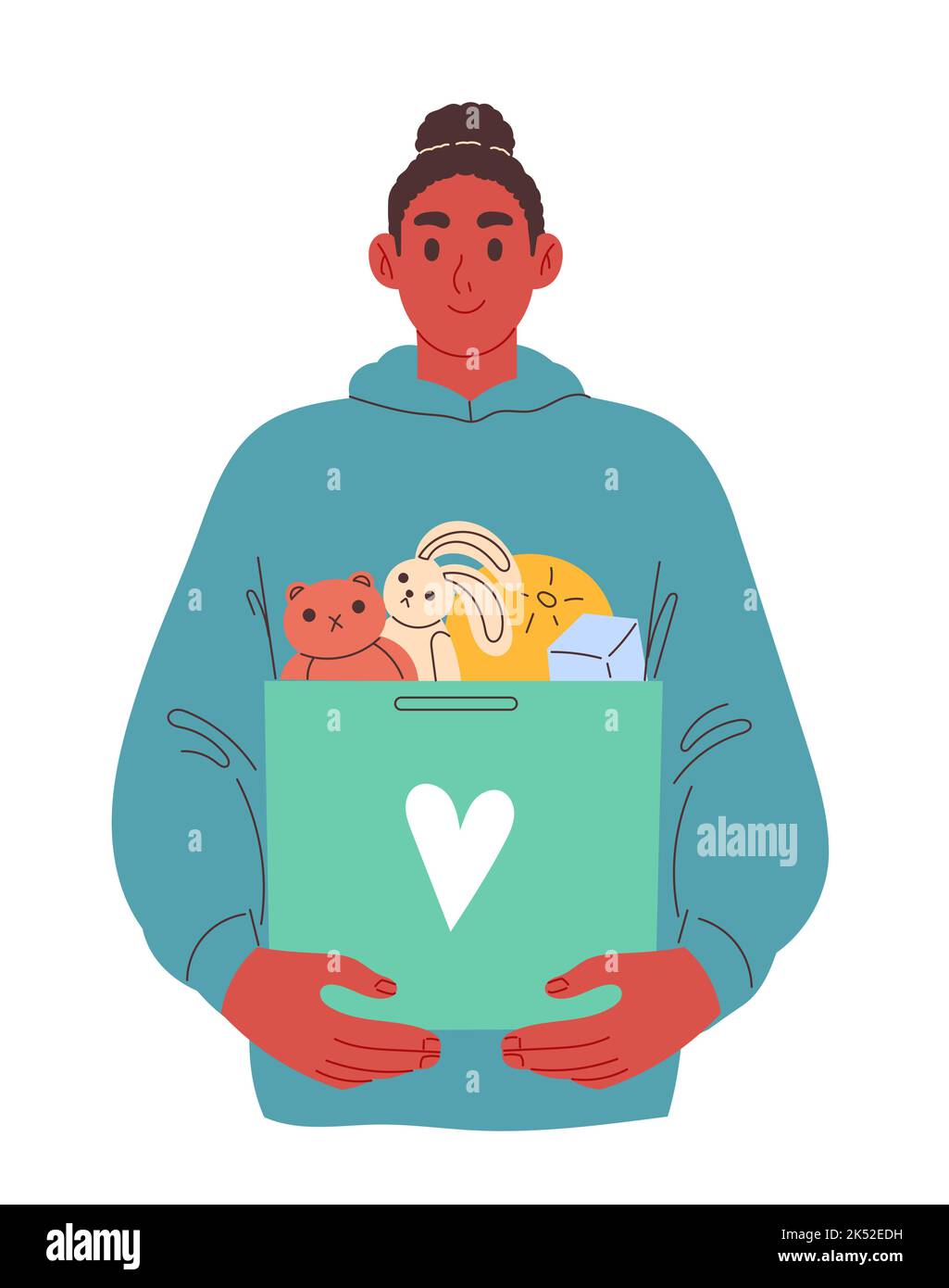 Raccolta fondi di beneficenza per i bambini. Volontario con scatola di giocattoli. Illustrazione Vettoriale