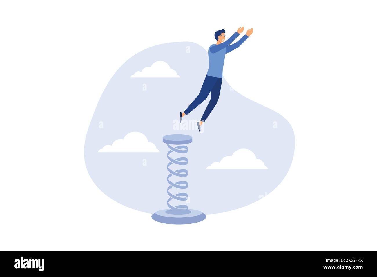 Aumentare la crescita del business, il miglioramento, il percorso di carriera o promuovere il lavoro per una posizione più alta concetto, la fiducia imprenditore leader jumping trampolino su Hig Illustrazione Vettoriale