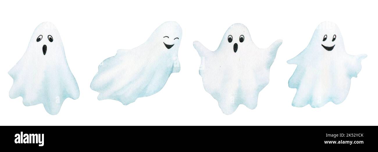 Fantasmi divertenti. Set di elementi acquerelli per Halloween per la progettazione di biglietti, inviti, poster, adesivi, tessuti, stampa. Foto Stock
