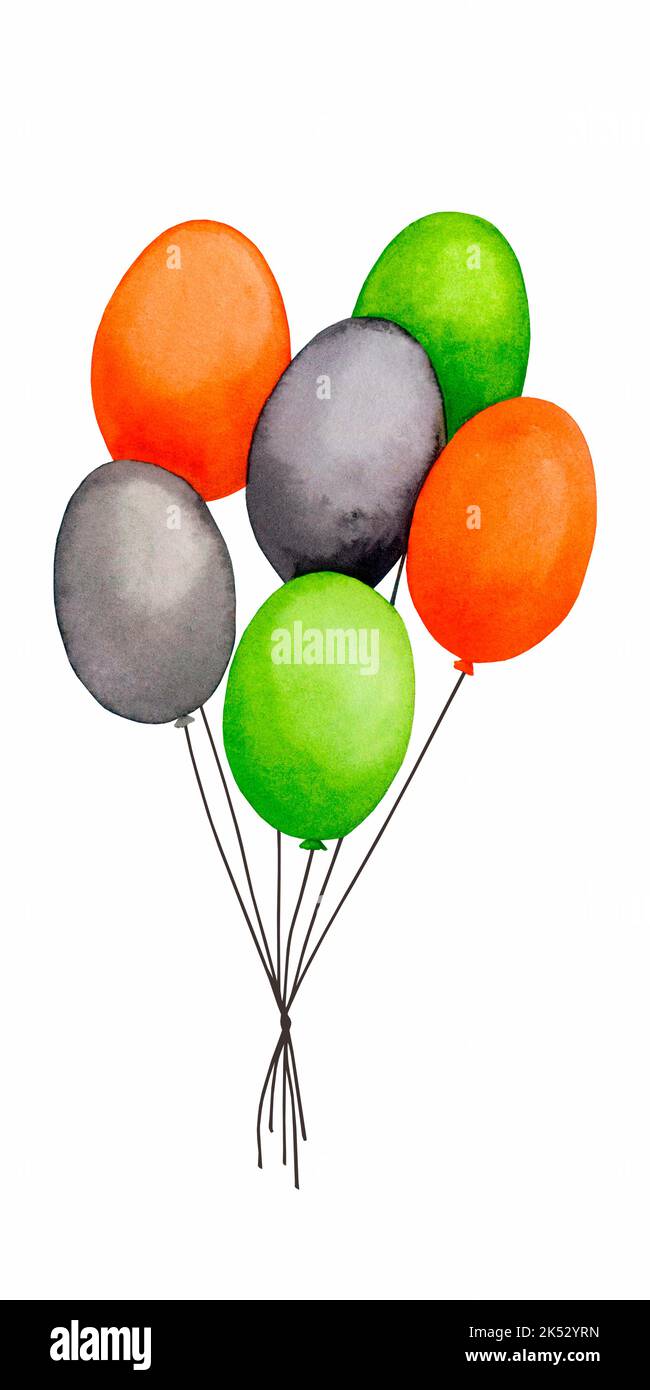 Palloncini arancioni, verdi e nere. Illustrazione in acquerello per la progettazione di biglietti, inviti, poster, adesivi, tessuto, stampa. Foto Stock