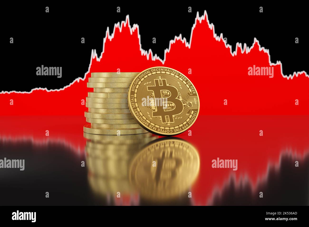 Pila di Bitcoins d'oro sul grafico della zona rossa del suo prezzo. Illustrazione dell'investimento in criptovaluta e della fluttuazione dei prezzi Foto Stock