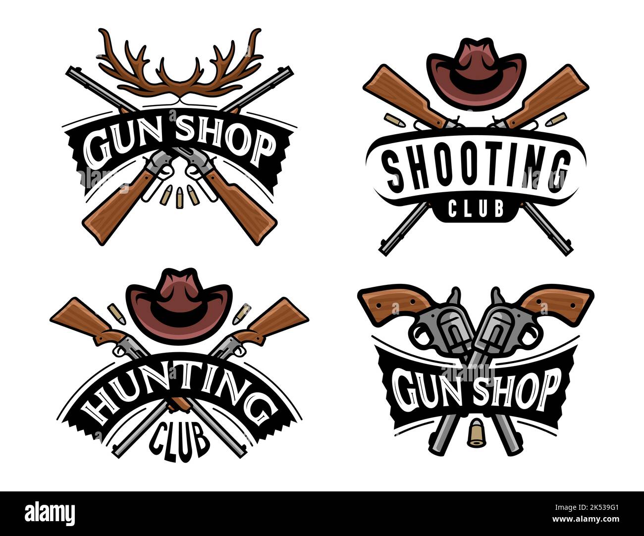 Negozio di armi da fuoco, badge o logo del club di caccia. Set di simboli pistola, fucile. Illustrazione vettoriale dell'emblema del club di tiro Illustrazione Vettoriale