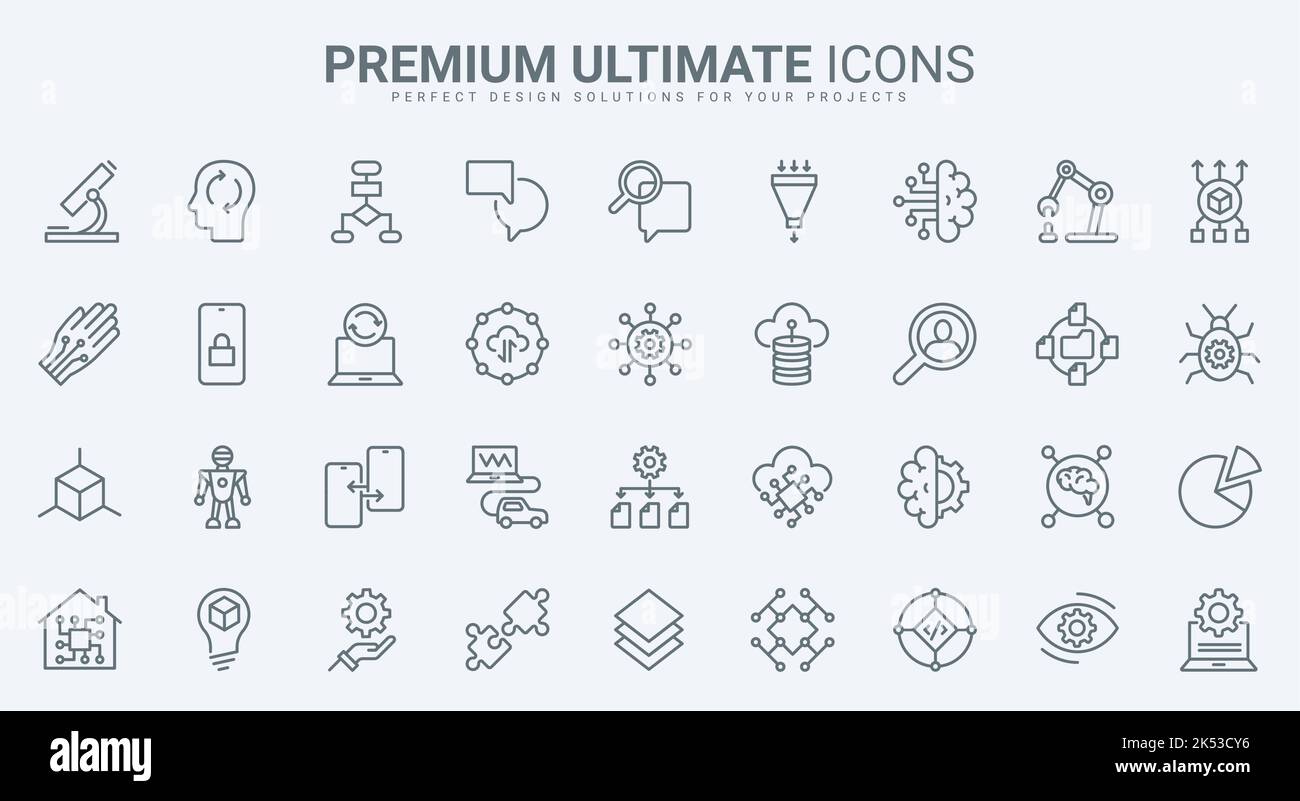 Le icone delle linee sottili ai impostano l'illustrazione vettoriale. Astratto delineare il cervello digitale dei bot e l'apprendimento automatico, la tecnologia del futuro della scienza e il processo di rete dell'automazione, il sistema elettronico di tecnologia intelligente Illustrazione Vettoriale