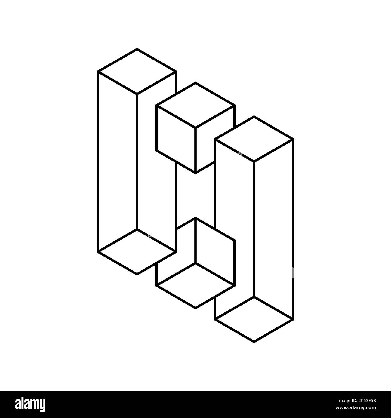 Icona della linea di forma geometrica impossibile. Cubi e rettangoli in prospettiva 3D. Illusione ottica, effetto visivo, trucco mentale. Vettore oggetto Esher penrose Illustrazione Vettoriale