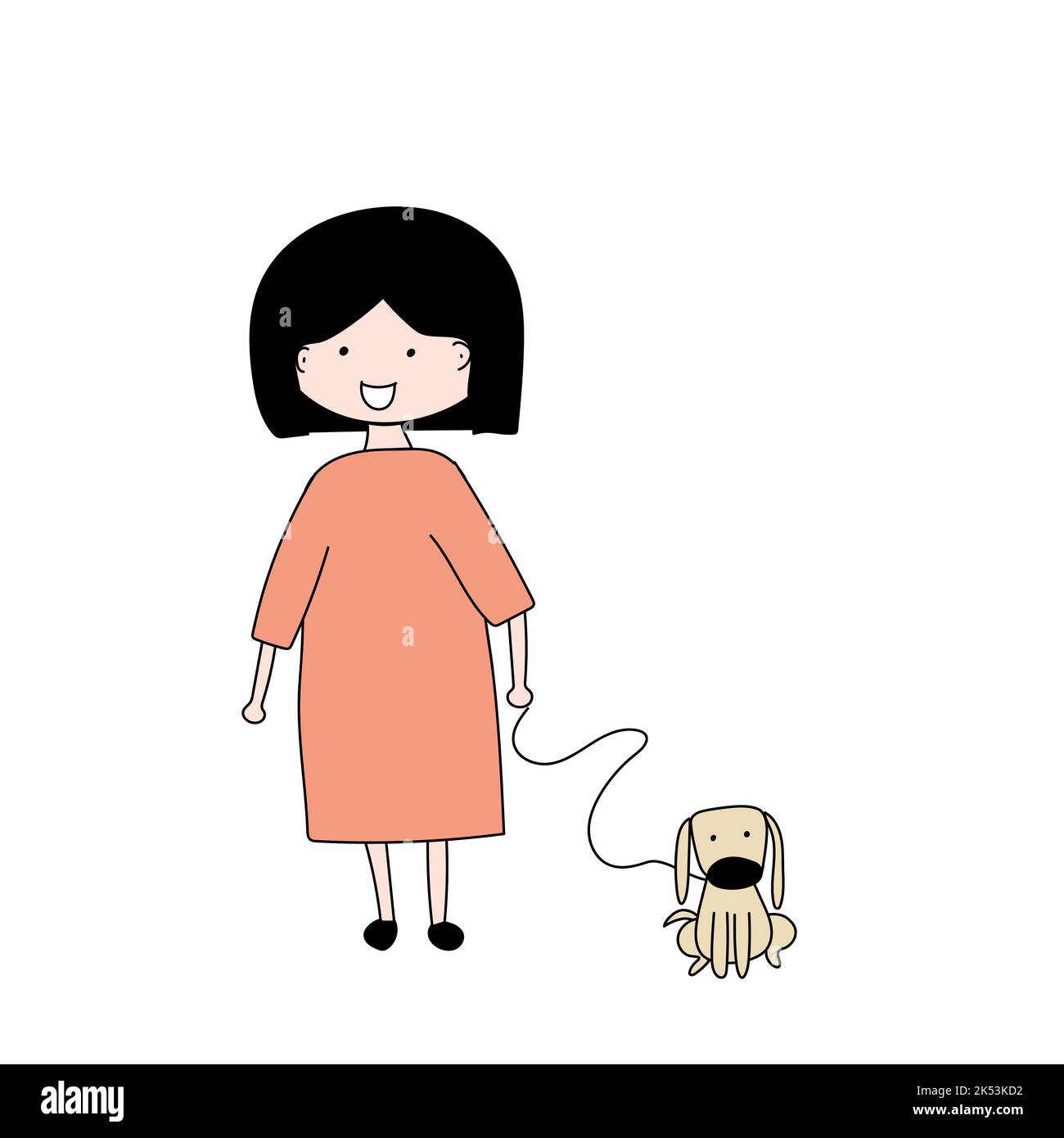 una donna in un abito arancione con un cane. Illustrazione Vettoriale