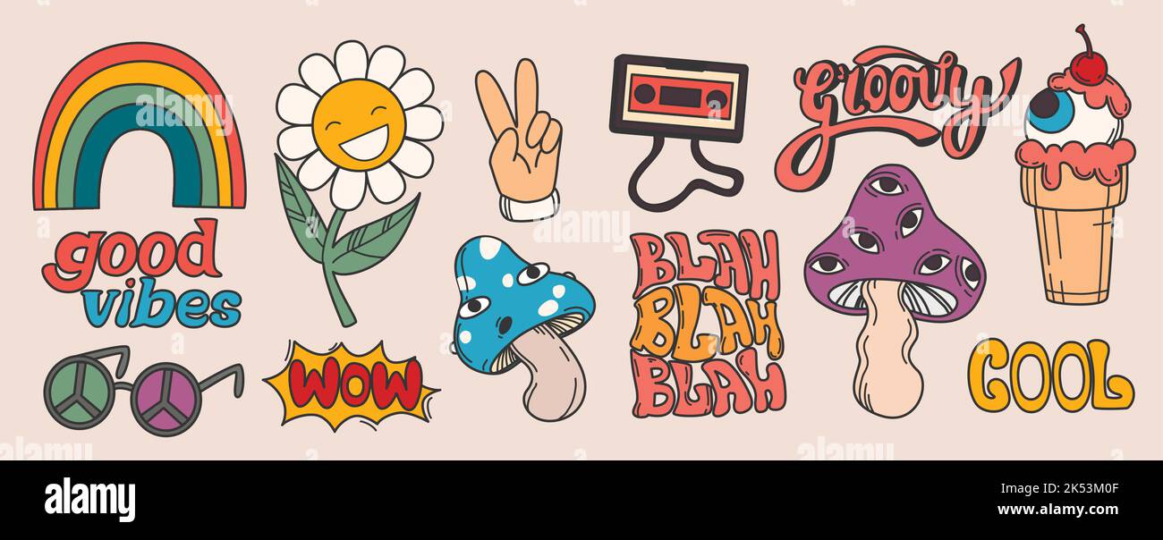 Set vettoriale di adesivi hippie retrò 70s, elementi psichedelici groovy. Divertente fiore di margherita, arcobaleno, gesto di pace, occhiali da sole, cassetta di musica vintage e fungo con gli occhi. Vecchi oggetti doodle. Illustrazione Vettoriale