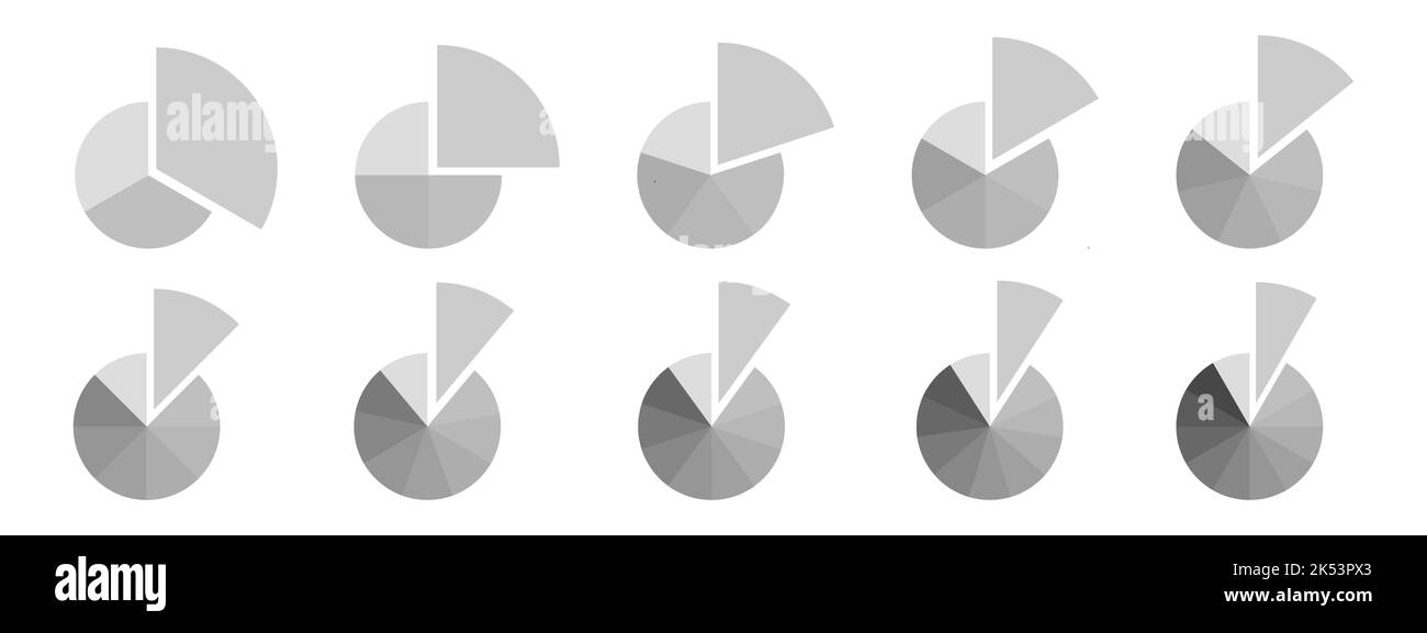 Cerchi divisi in segmenti grigi monocromatici da 3 a 12 con un frammento separato. Grafici a torta o a ciambella. Statistiche esempi infografici. Le forme arrotondate vengono tagliate in sezioni uguali. Illustrazione piatta vettoriale Illustrazione Vettoriale