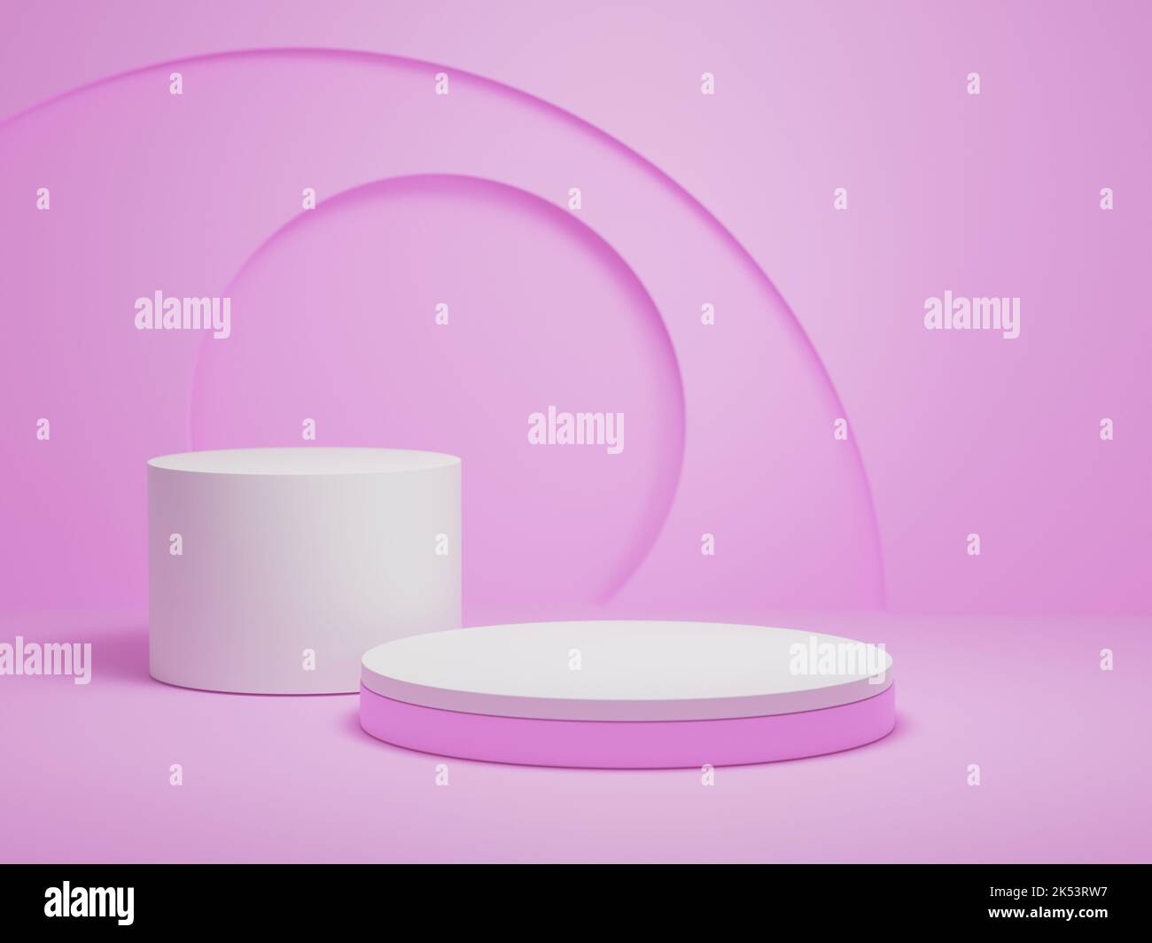 Layout podio per la presentazione del prodotto, sfondo rosa, rendering 3D, illustrazione 3D. Foto Stock