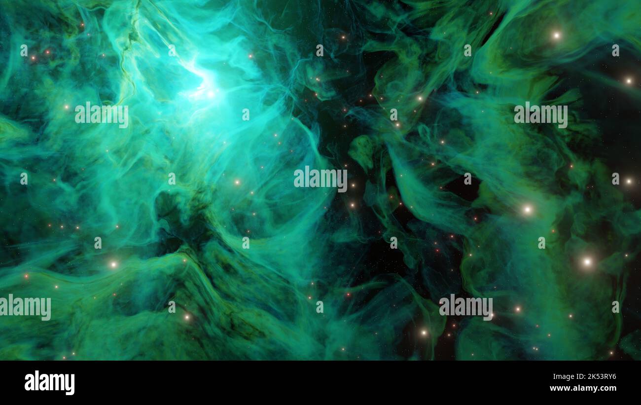 sfondo verde nebulosa. Spazio esterno, paesaggio cosmico. rendering 3d. Foto Stock