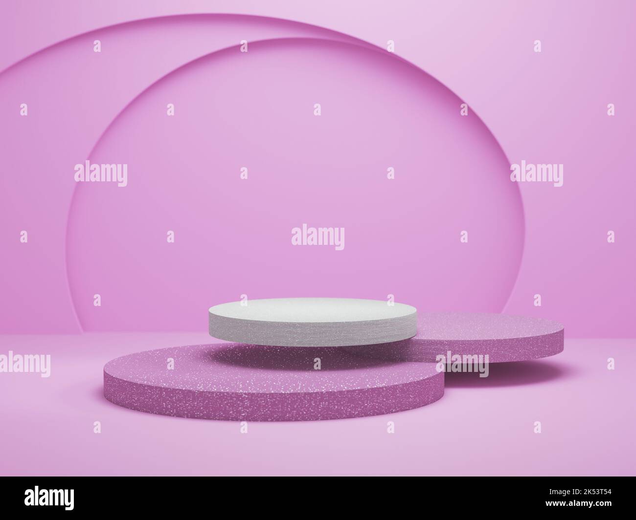 Layout podio per la presentazione del prodotto, sfondo rosa, rendering 3D, illustrazione 3D. Foto Stock