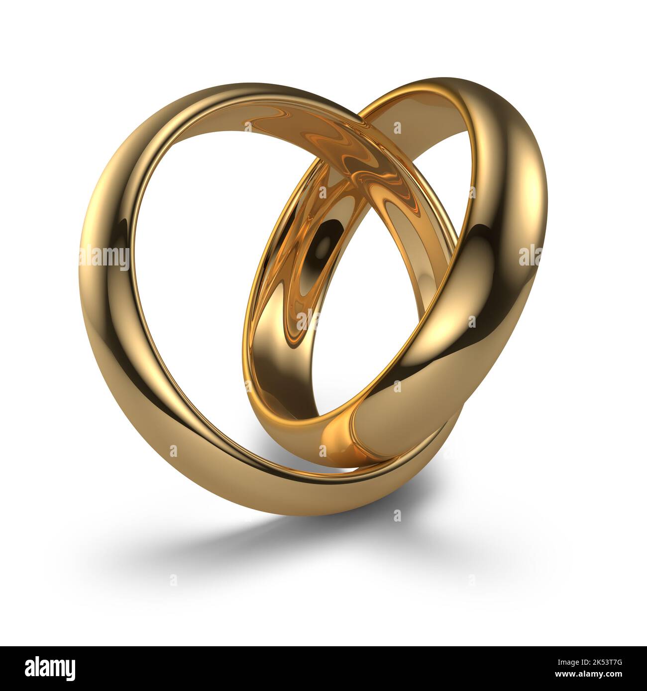anelli dorati di nozze isolati su uno sfondo bianco, rendering 3d. Foto Stock