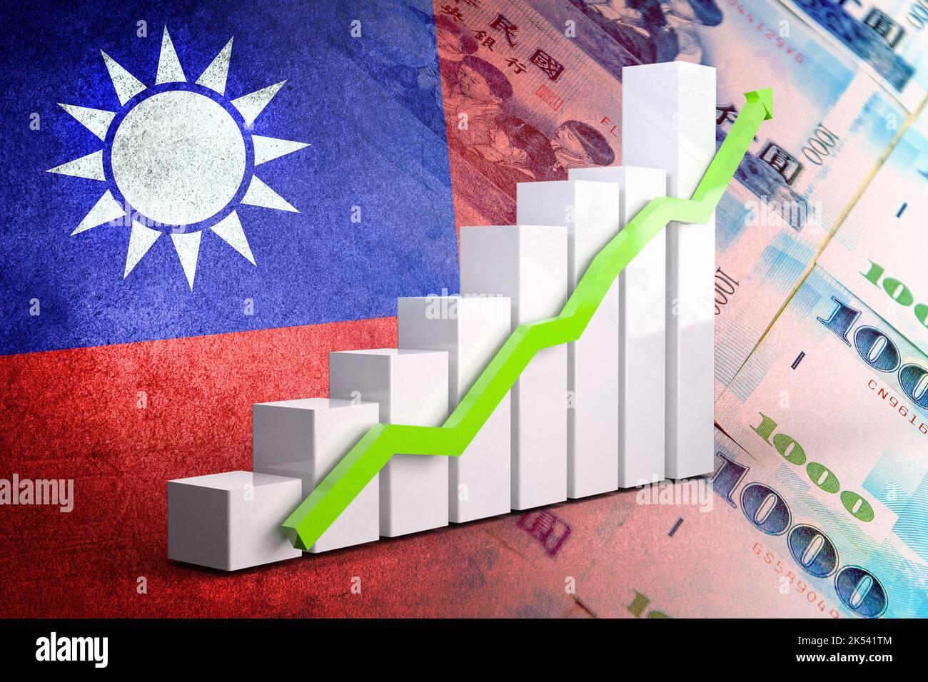Grafico economico: Freccia su, Bandiera di Taiwan e nuove fatture in contanti del dollaro di Taiwan Foto Stock