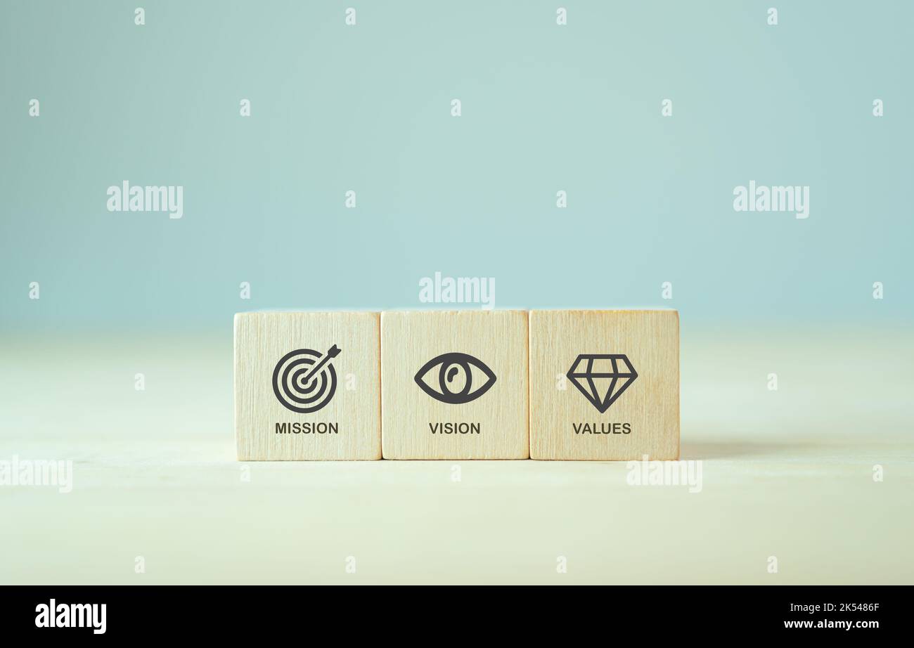 Missione, visione e valori dell'azienda. Concetto aziendale di scopo. I cubi di legno con la missione, visione e valori simboli su sfondo grigio, copia spa Foto Stock