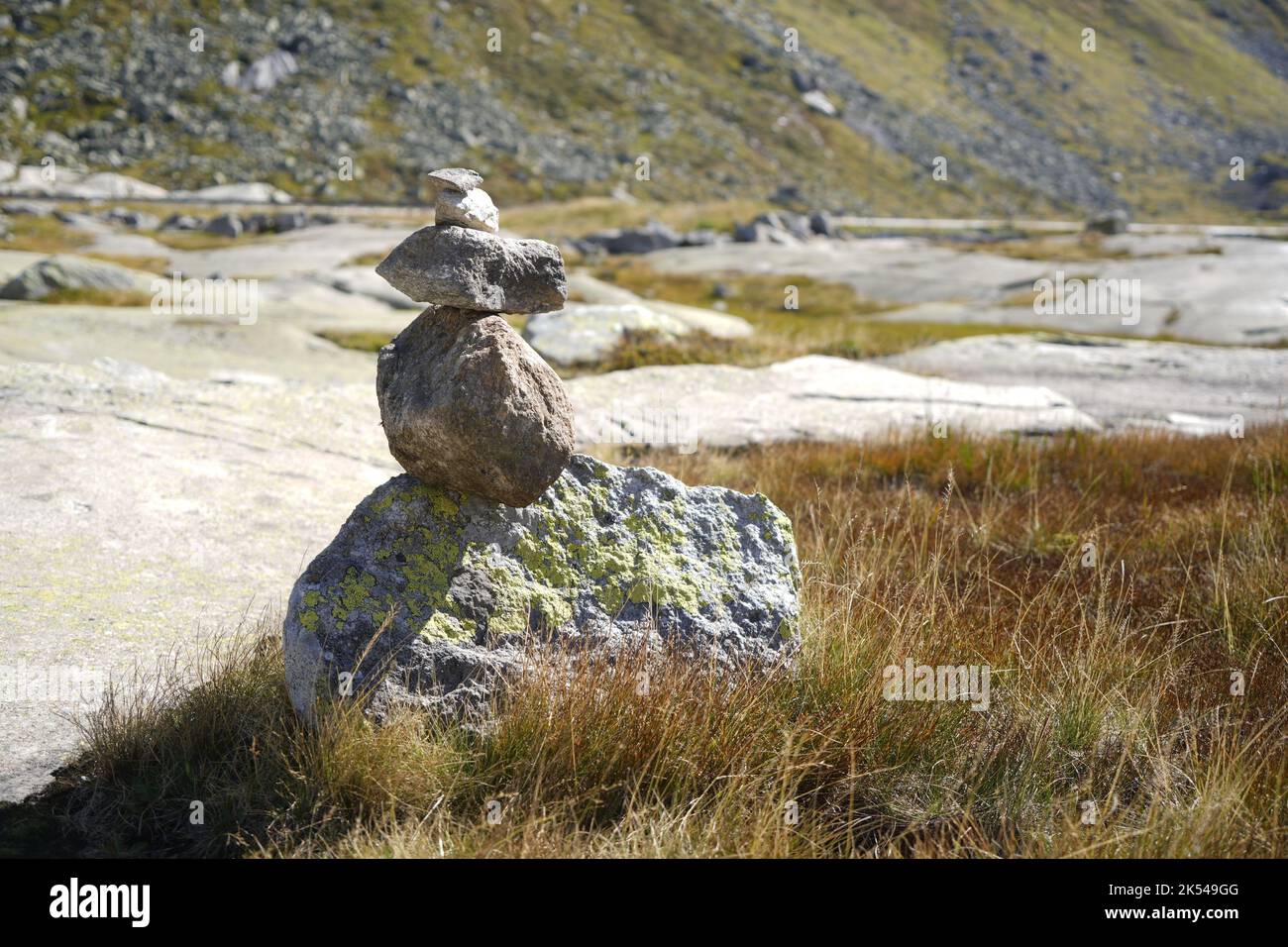 Montagne svizzere. Pietre poste una sopra l'altra per mano dell'uomo Foto Stock