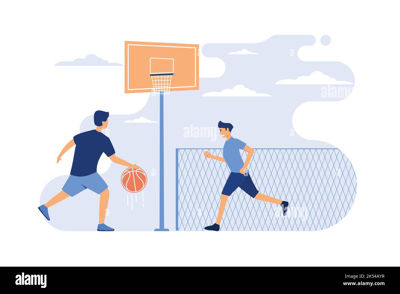 Sport giochi all'aperto concetto. Due giovani sportivi che giocano a basket nello stadio urbano. Ragazzi che si allenano su un campo all'aperto con recinzione in background. CAN Illustrazione Vettoriale