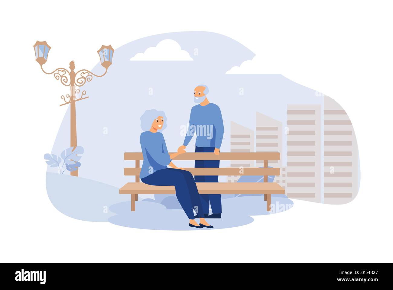 Felice coppia anziana seduta su panca in parco isolato piatto vettore illustrazione. Cartoni animati vecchi personaggi rilassarsi insieme sulla natura. Famiglia e pensionati Illustrazione Vettoriale