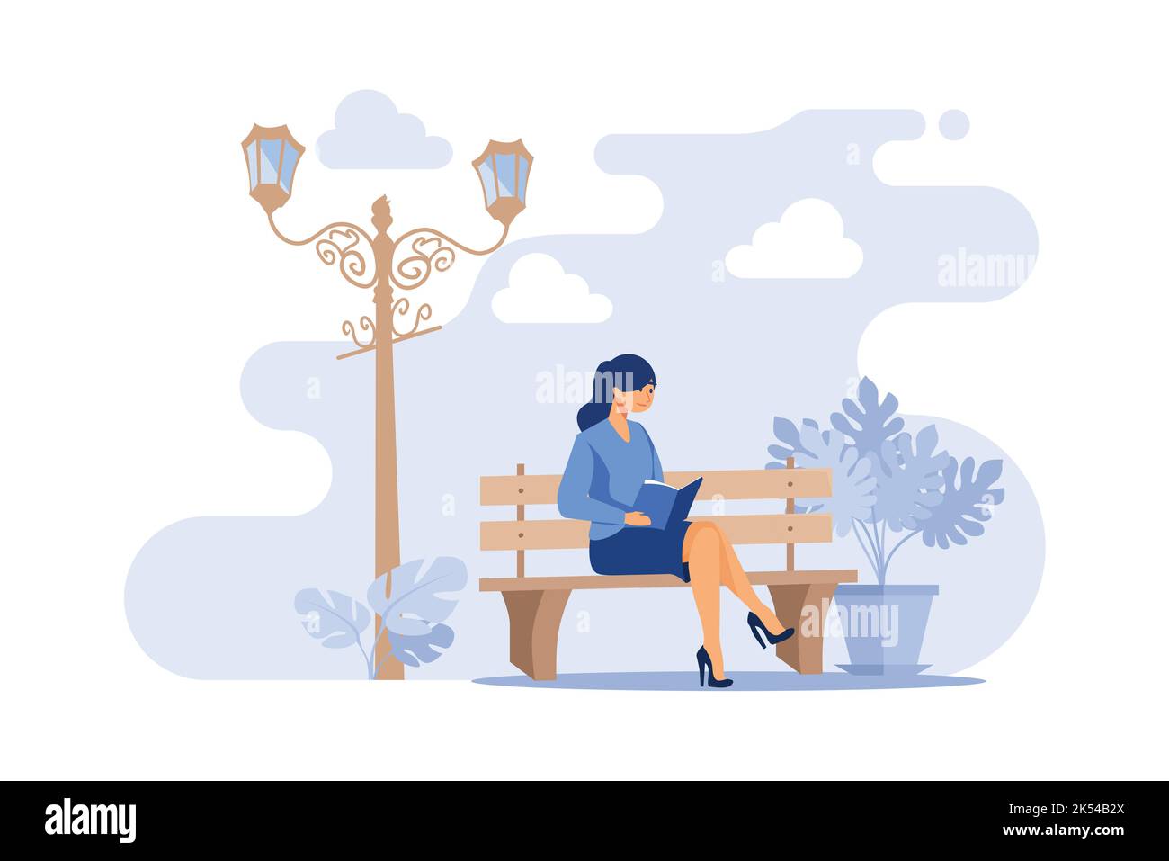 Donna seduta su panchina e libro di lettura. Parco, città, relax flat vettoriale illustrazione. Weekend e natura concetto per banner, sito web o lan Illustrazione Vettoriale