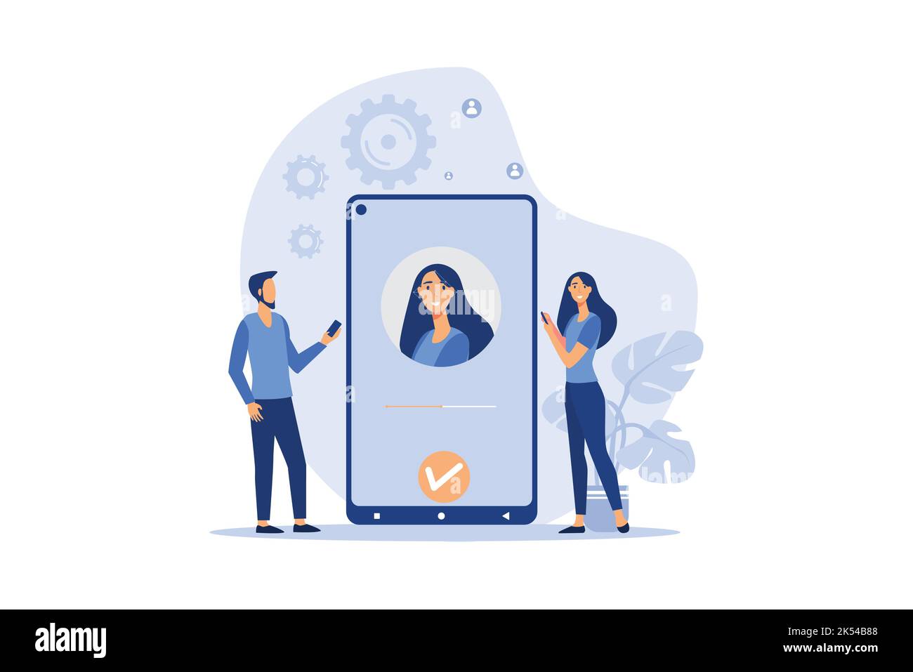 Riconoscimento facciale e sicurezza dei dati. Gli utenti di telefoni cellulari possono accedere ai dati dopo il controllo biometrico. Per la verifica, l'accesso all'ID personale, l'identificativo Illustrazione Vettoriale