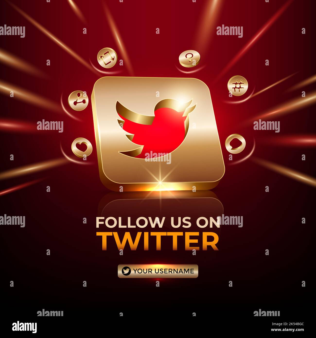 Twitter banner quadrato 3D oro icona per la promozione della pagina aziendale post sui social media Illustrazione Vettoriale
