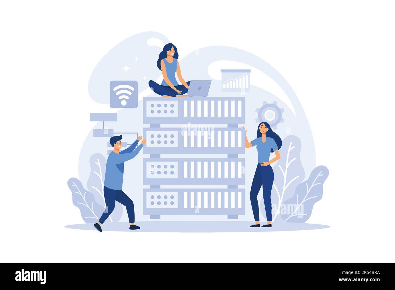 Amministratore di sistema. Lavoro tecnico con il server, installazione del software, risoluzione dei problemi, sicurezza online. Configurazione di sistemi informatici e netwo Illustrazione Vettoriale