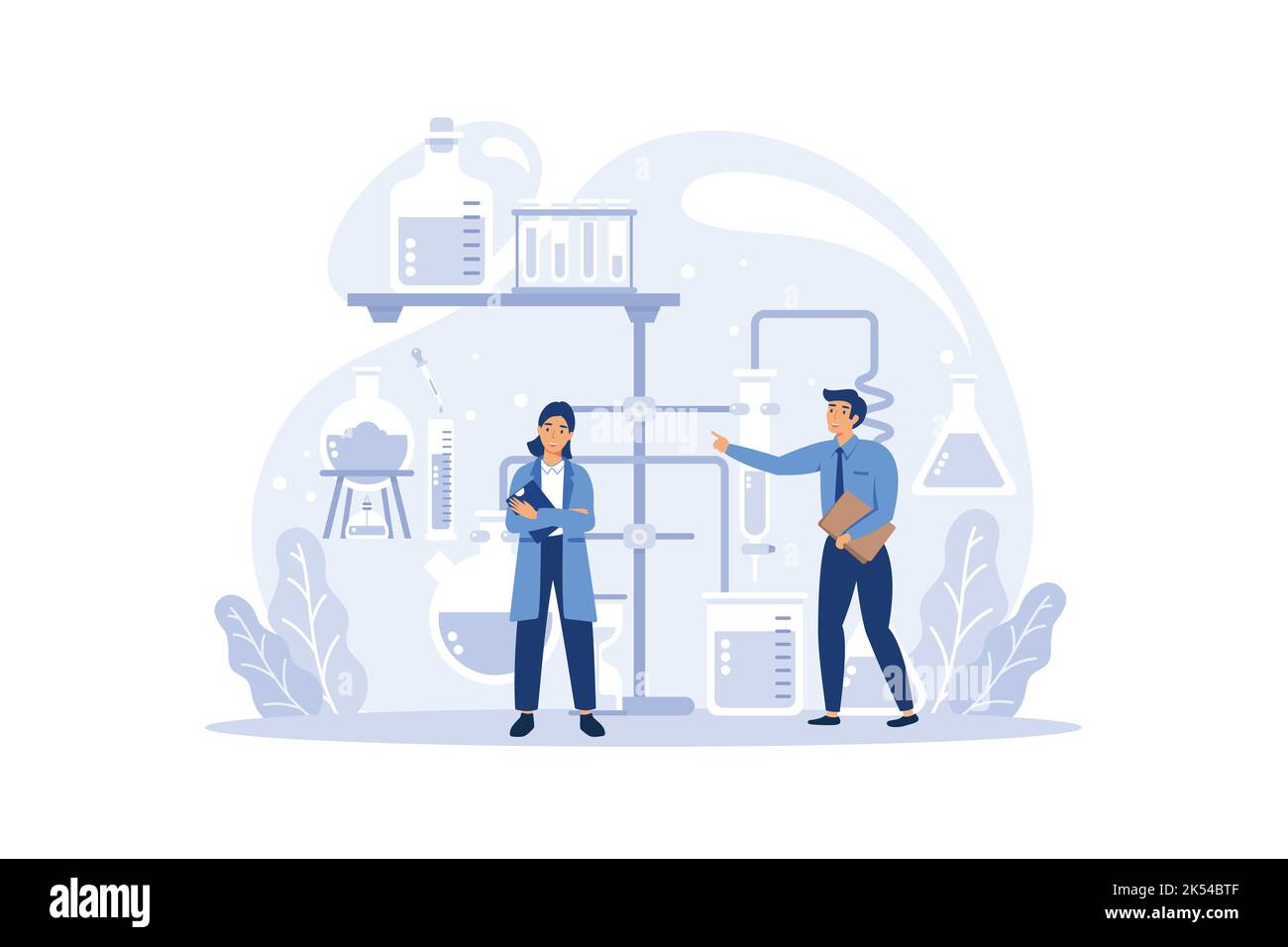 Concetto di studio della chimica. Lezione di chimica. Esperimento scientifico in laboratorio con attrezzatura chimica. Illustrazione del vettore isolato in St Illustrazione Vettoriale