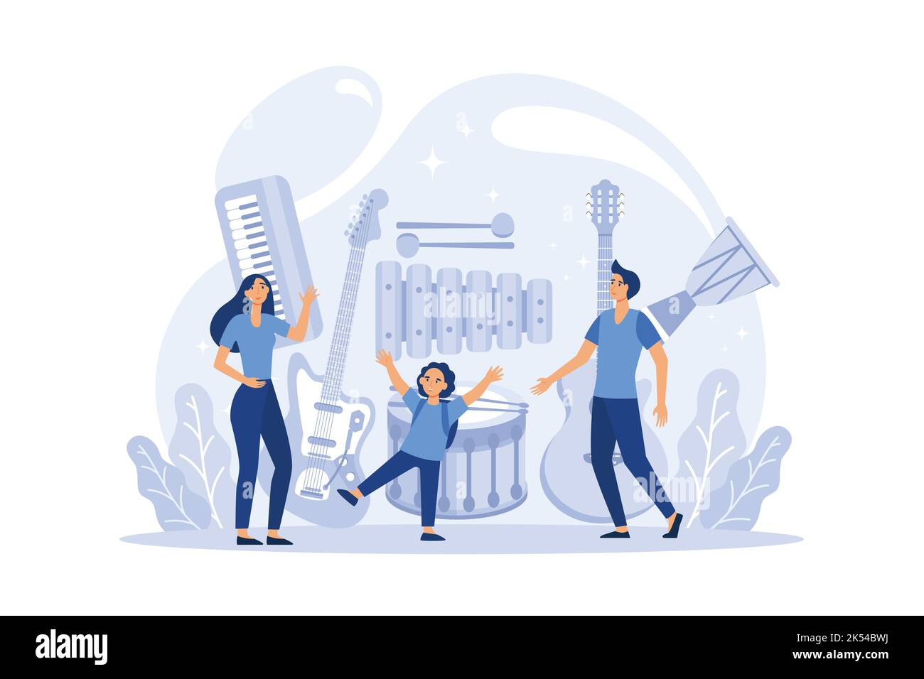 Musica club o classe. Gli studenti imparano a riprodurre musica. Giovane musicista che suona strumenti musicali. Lezione vocale e di salfeggio. Illustrazione del vettore piatto Illustrazione Vettoriale