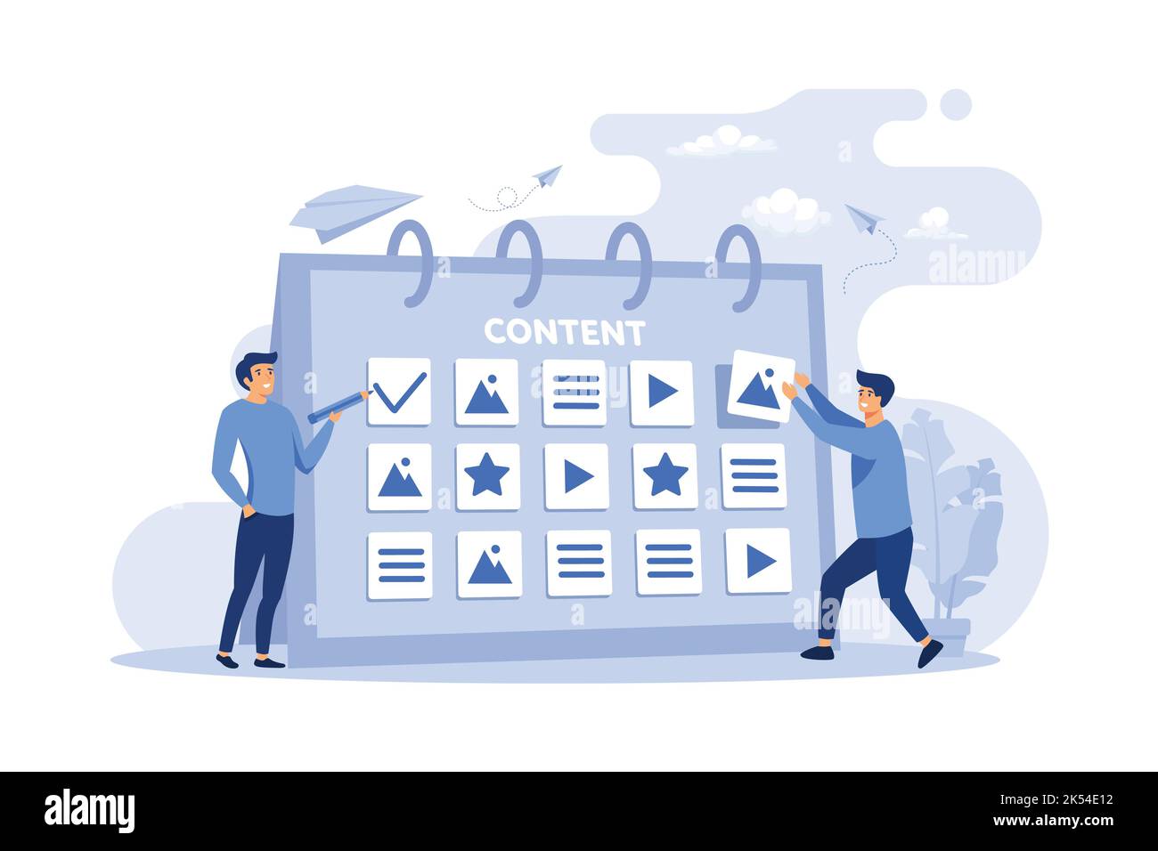 Felice SEO campagna di pianificazione per i social media isolato vettore piatto illustrazione. Cartoon personaggi minuscoli in piedi vicino al calendario con piano per il sito web c Illustrazione Vettoriale