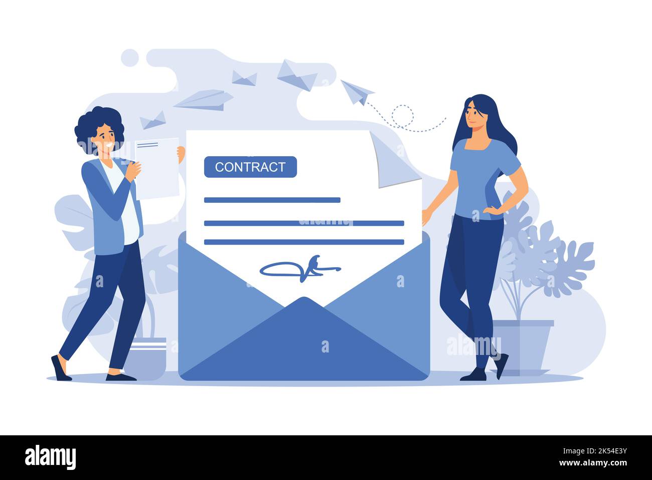 Donna che riceve posta e legge lettera. Persona che ottiene il contratto con la firma fuori della busta. Illustrazione vettoriale piatta per e-mail, messaggi, comunicazioni Illustrazione Vettoriale