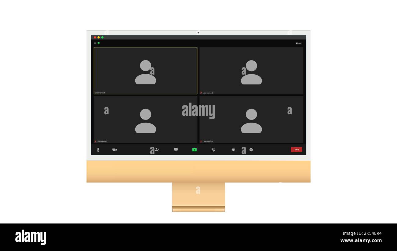 Interfaccia utente per videoconferenza, quattro utenti. Sovrapposizione della finestra delle videochiamate in conferenza sul desktop, elementi dell'interfaccia utente della chat video, webinar, meeting online. Vettore Illustrazione Vettoriale