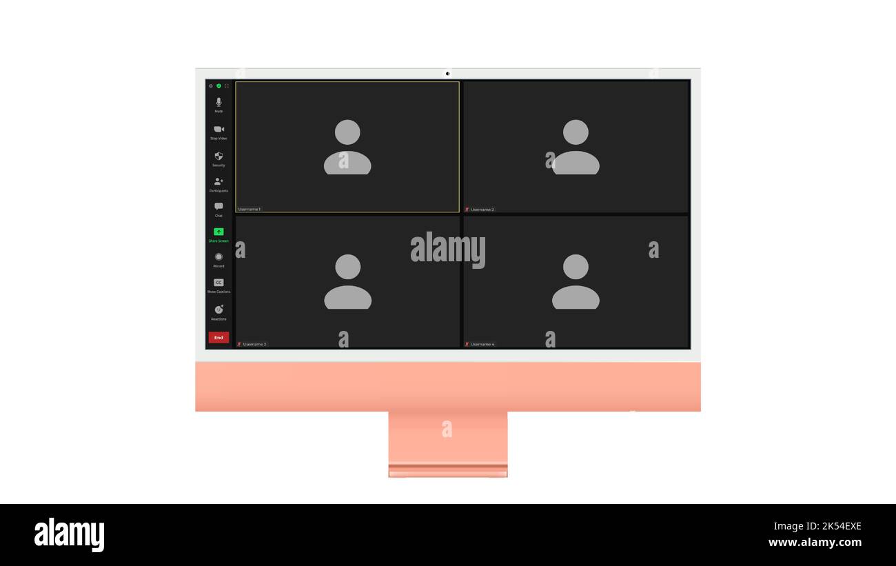 Interfaccia utente per videoconferenza, quattro utenti. Sovrapposizione della finestra delle videochiamate in conferenza sul desktop, elementi dell'interfaccia utente della chat video, webinar, meeting online. Vettore Illustrazione Vettoriale
