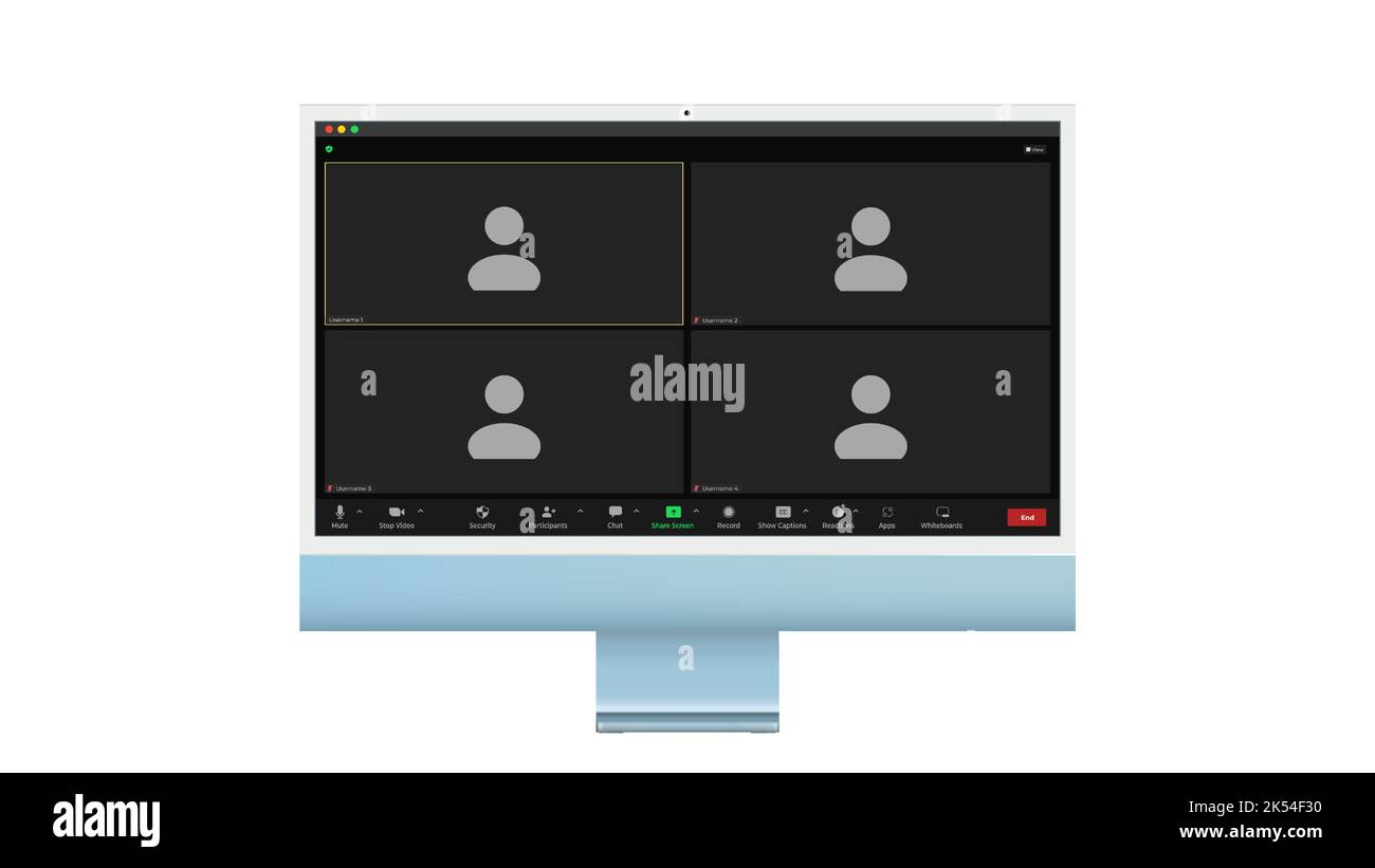 Interfaccia utente per videoconferenza, quattro utenti. Sovrapposizione della finestra delle videochiamate in conferenza sul desktop, elementi dell'interfaccia utente della chat video, webinar, meeting online. Vettore Illustrazione Vettoriale