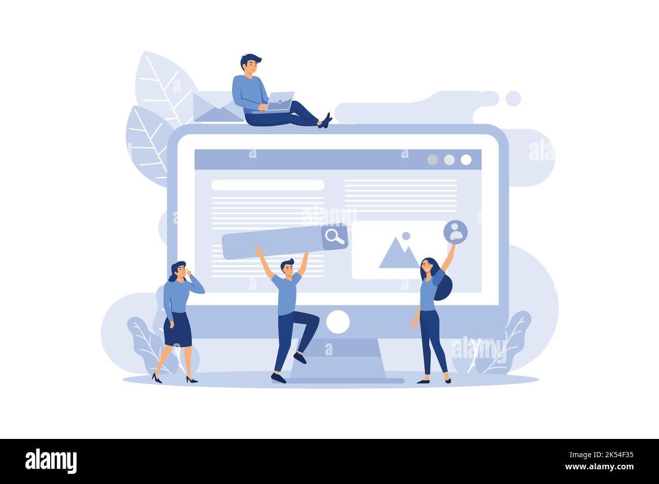 Un team di persone sta sviluppando un sito web riempiendolo di funzioni, concetto vettore illustrazione per lo sviluppo di siti web e siti mobili, S Illustrazione Vettoriale