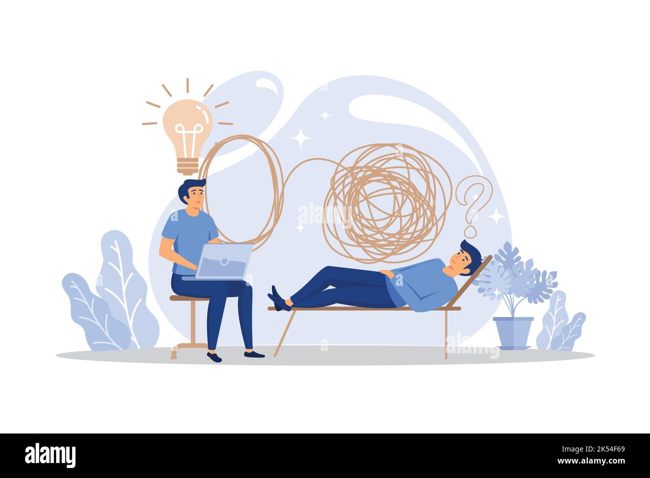 psicoterapia, disfacimento di situazioni complesse, concetto di psichiatria sociale, terapeuta e vettore paziente. disegno piano illustrazione moderna Illustrazione Vettoriale