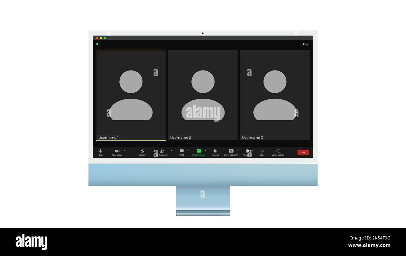 Interfaccia utente per videoconferenza, tre utenti. Sovrapposizione della finestra delle videochiamate in conferenza sul desktop, elementi dell'interfaccia utente della chat video, webinar, meeting online Illustrazione Vettoriale