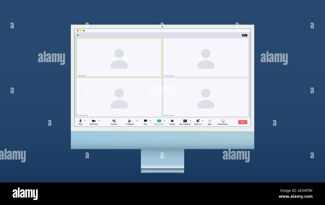 Interfaccia utente per videoconferenza, quattro utenti. Overlay della finestra delle chiamate in conferenza video, elementi dell'interfaccia utente della chat video, webinar, meeting online. Vettore Illustrazione Vettoriale