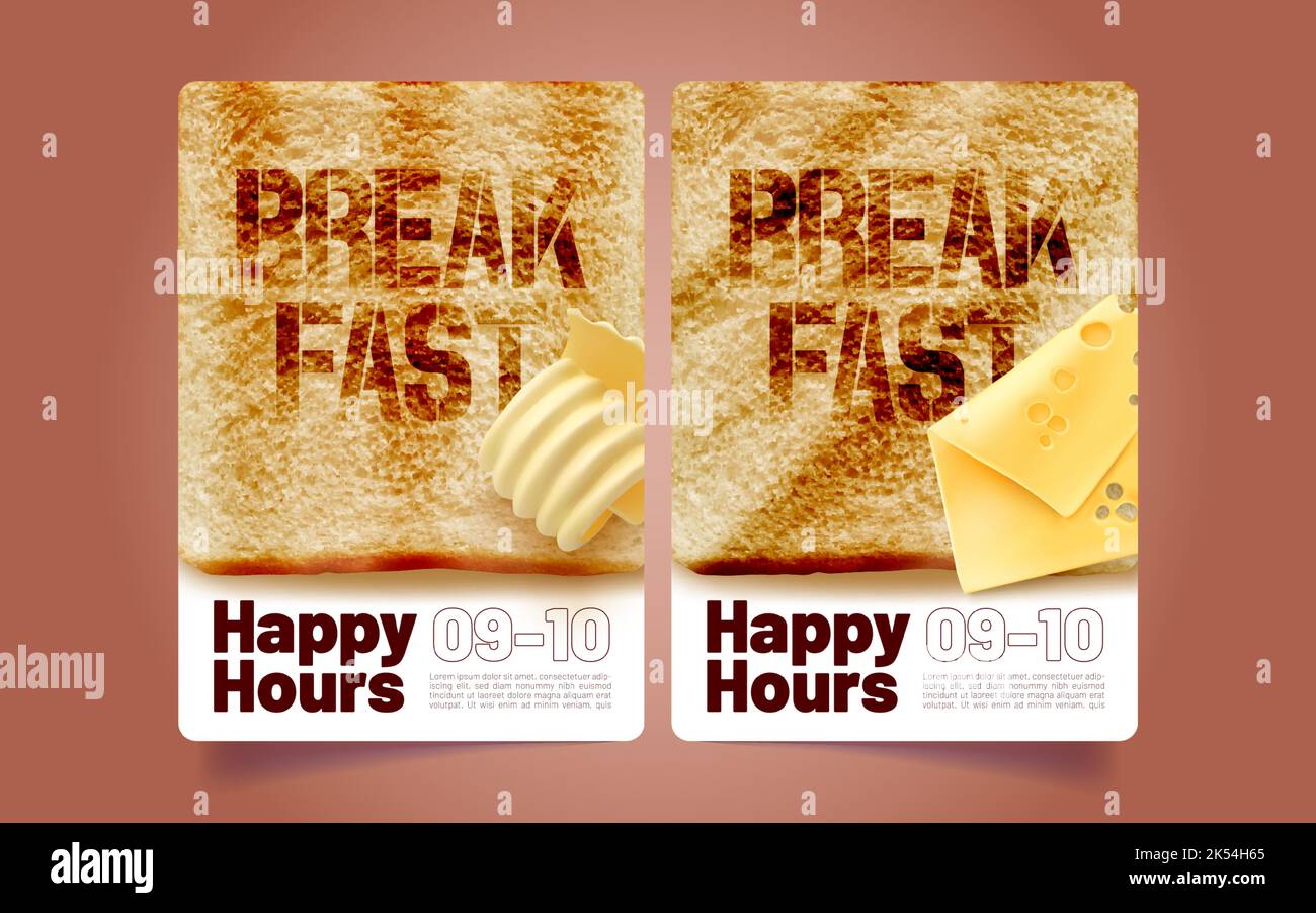 Set di modelli banner Happy Hours. Rappresentazione vettoriale realistica dell'appetitoso pane tostato con burro e fetta di formaggio sul volantino pubblicitario del bar o del ristorante. Sconto promozionale sulla colazione per i clienti Illustrazione Vettoriale