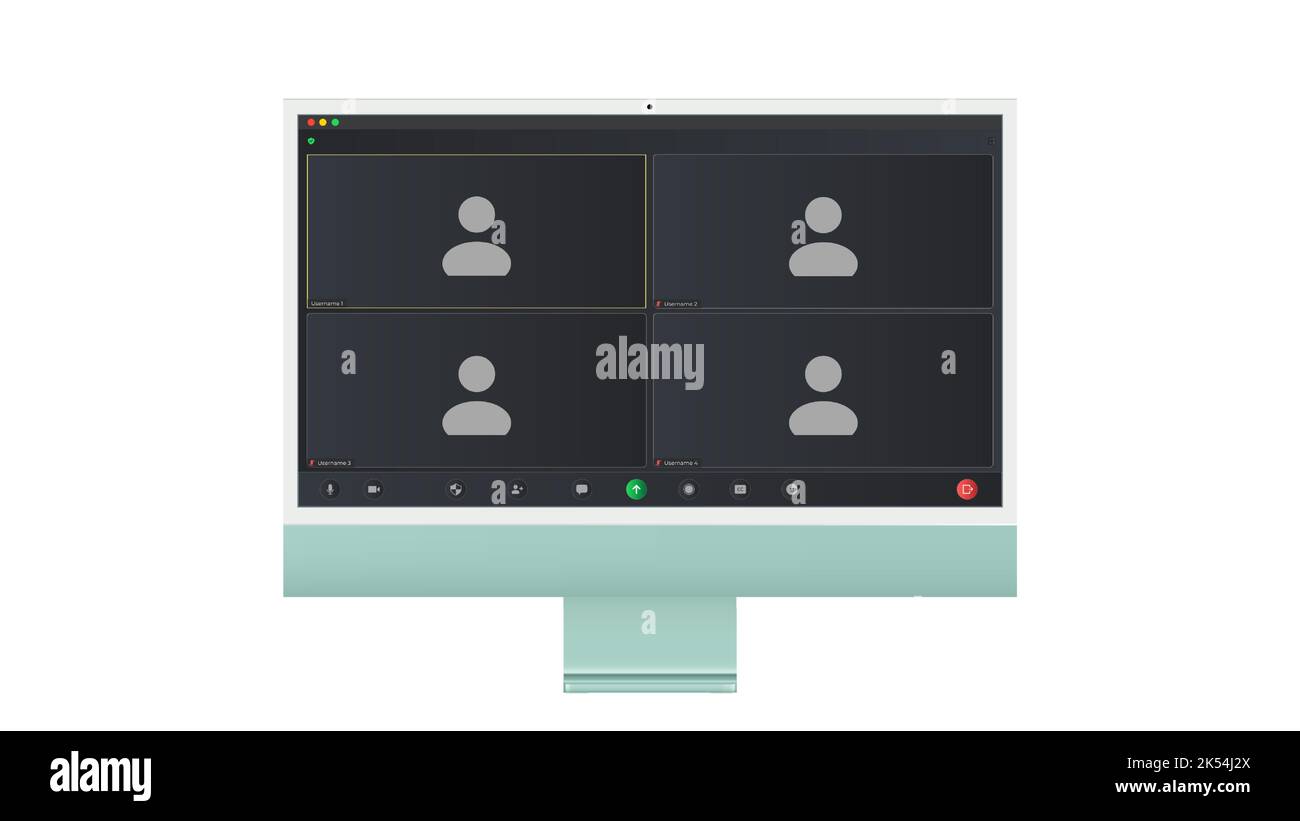 Interfaccia utente per videoconferenza, quattro utenti. Sovrapposizione della finestra delle videochiamate in conferenza sul desktop, elementi dell'interfaccia utente della chat video, webinar, meeting online. Vettore Illustrazione Vettoriale