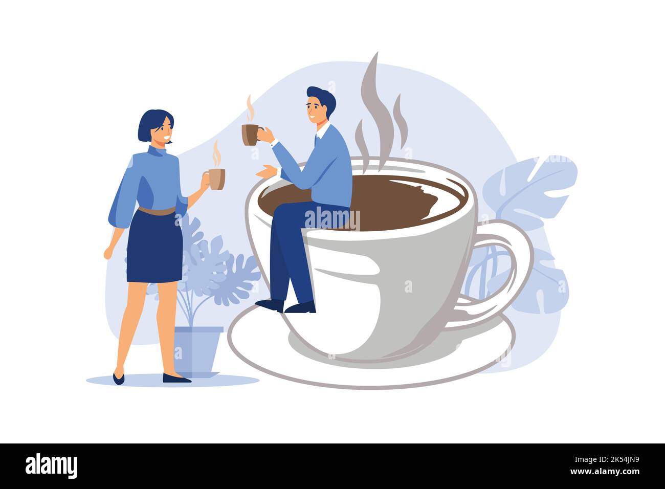 Pausa caffè, uomo d'affari e collega d'affari prendetevi una pausa caffè e chiacchierate. design piatto illustrazione moderna Illustrazione Vettoriale