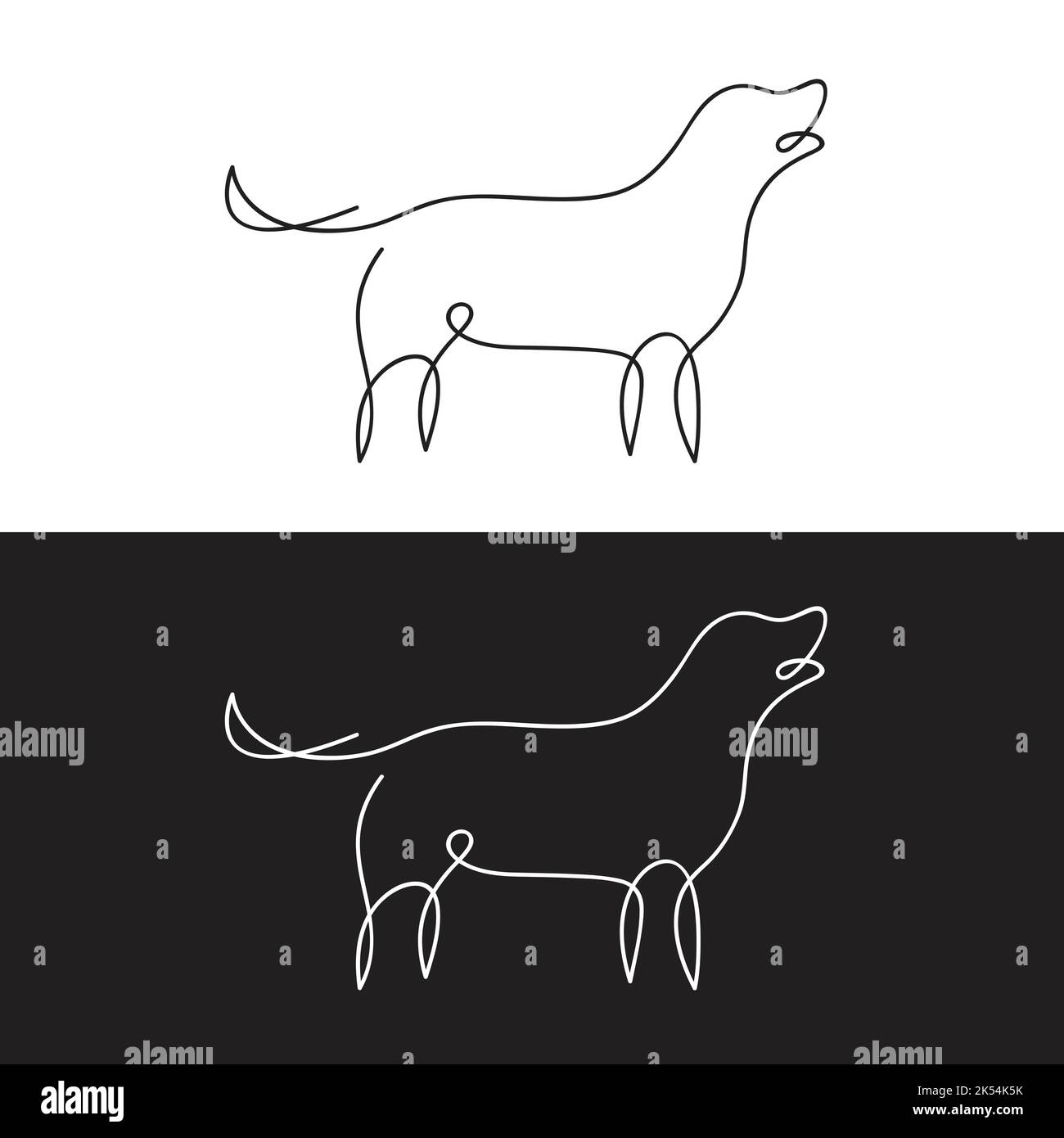 Vettore di linea di disegno silhouette di cane su sfondo bianco e sfondo nero. PET. Animali. Illustrazione vettoriale a strati facilmente modificabile. Illustrazione Vettoriale