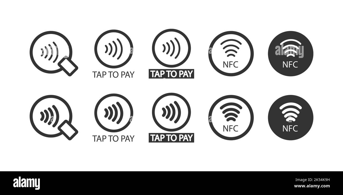 Icona NFC. Tocca per pagare il simbolo dell'illustrazione. Firma vettore di pagamento contatless. Foto Stock