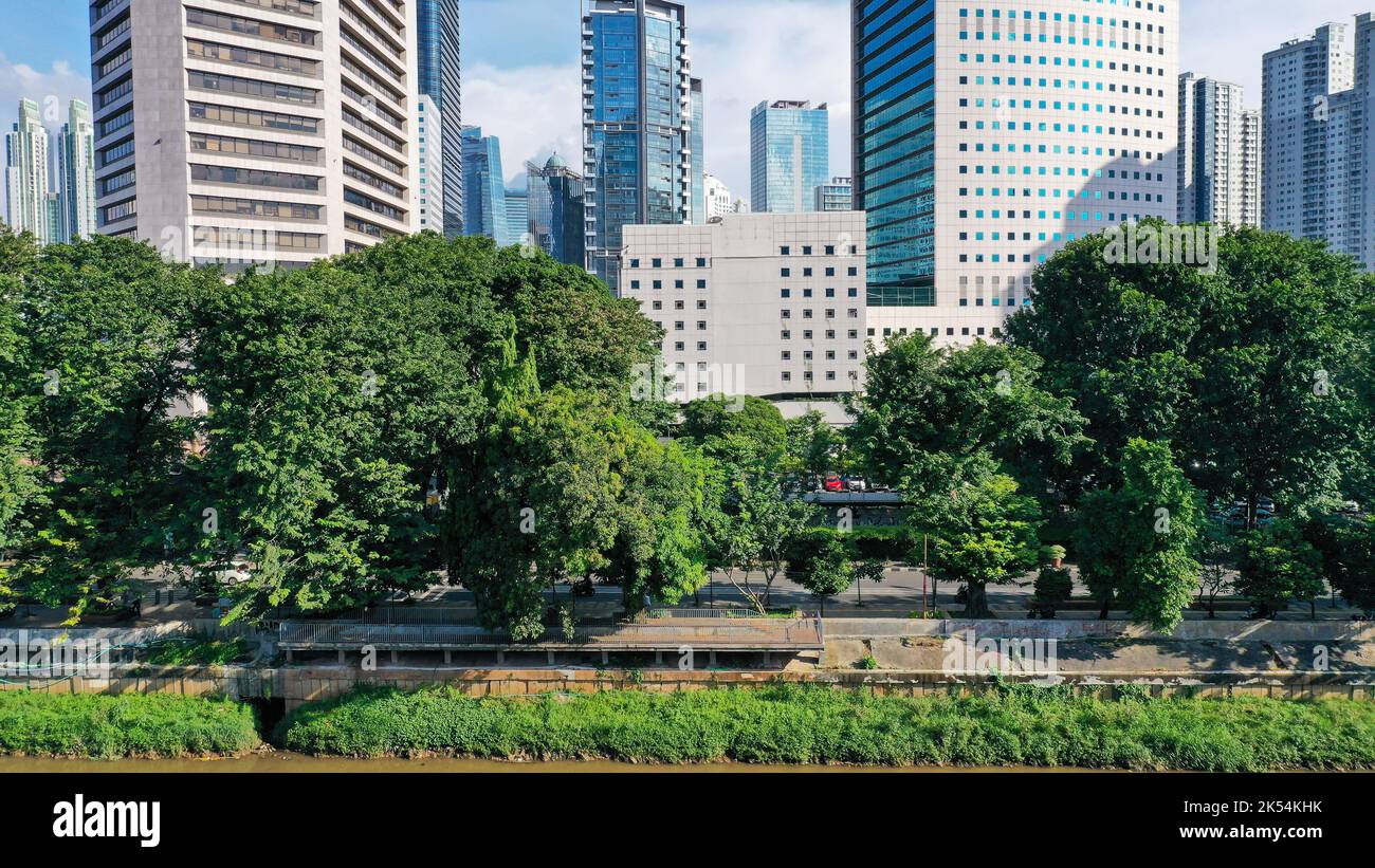 Un alto edificio di uffici con un'atmosfera di alberi a Giacarta, Indonesia Foto Stock