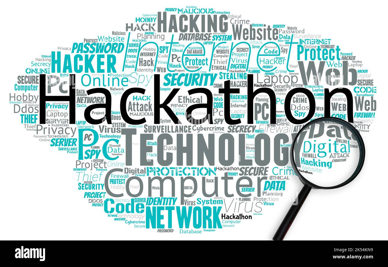 Nuvola di parole grandi con parole hakathon con lente d'ingrandimento. Creare software o hardware funzionante entro la fine dell'evento. Foto Stock