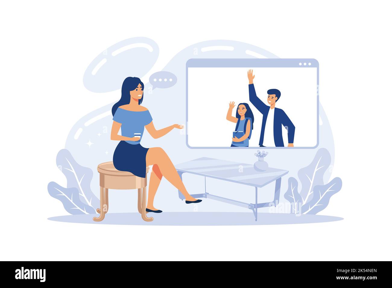 Videochiamata e chat di gruppo con familiari e amici sul computer, illustrazione di cartoni animati vettoriali. Ragazza bambino chattare e inviare messaggi in videochiamata a fami Illustrazione Vettoriale