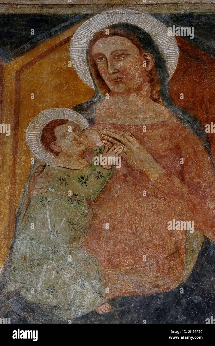 Madonna e Bambino. Affresco della scuola di Giotto, dipinto nel 1300s e noto come Madonna del latte. Nella Chiesa medievale di San Nicolò al Porto a Lazise, sul Lago di Garda, Veneto, Italia. Foto Stock