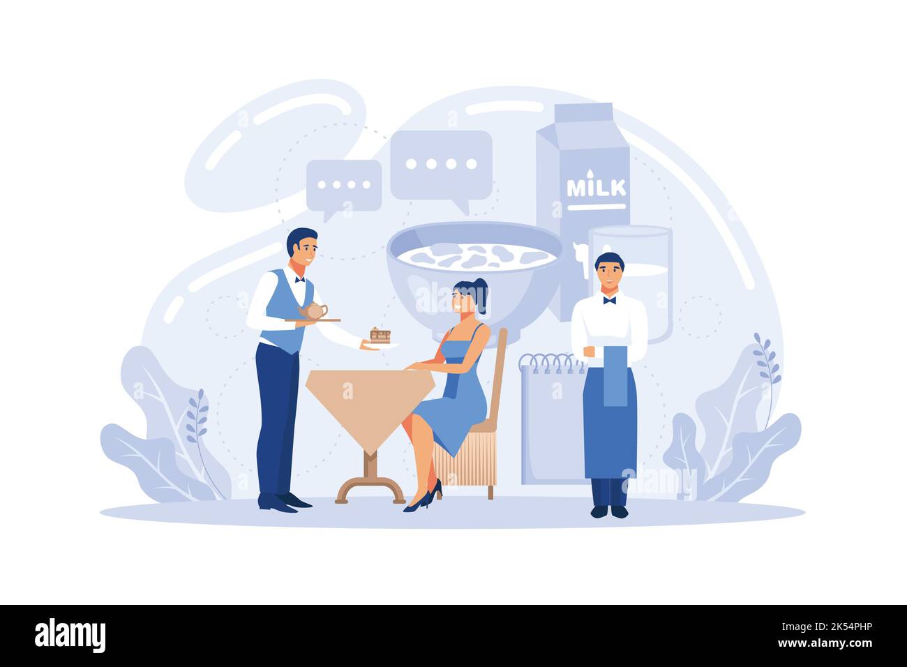 Concetto cameriere. Personale del ristorante in uniforme, servizio catering. Impostazione della tabella e calcolo del cliente, suggerimenti di condivisione. Illustrazione Vettoriale