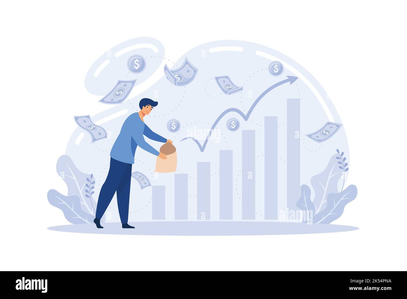 Investimento, risparmio di denaro e finanza crescita concetto di business metafora. Analizza grafici e indicatori di crescita del reddito. Illustrazione Vettoriale