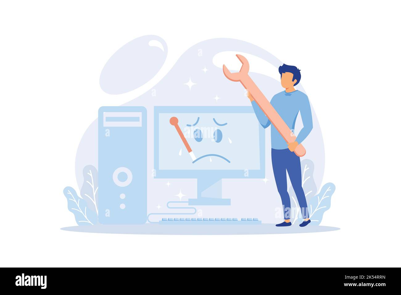 Addetti al supporto tecnico che lavorano alla riparazione di hardware e software di un computer. Informazioni su risoluzione dei problemi, risoluzione dei problemi, verifica dei problemi. Illustrazione Vettoriale