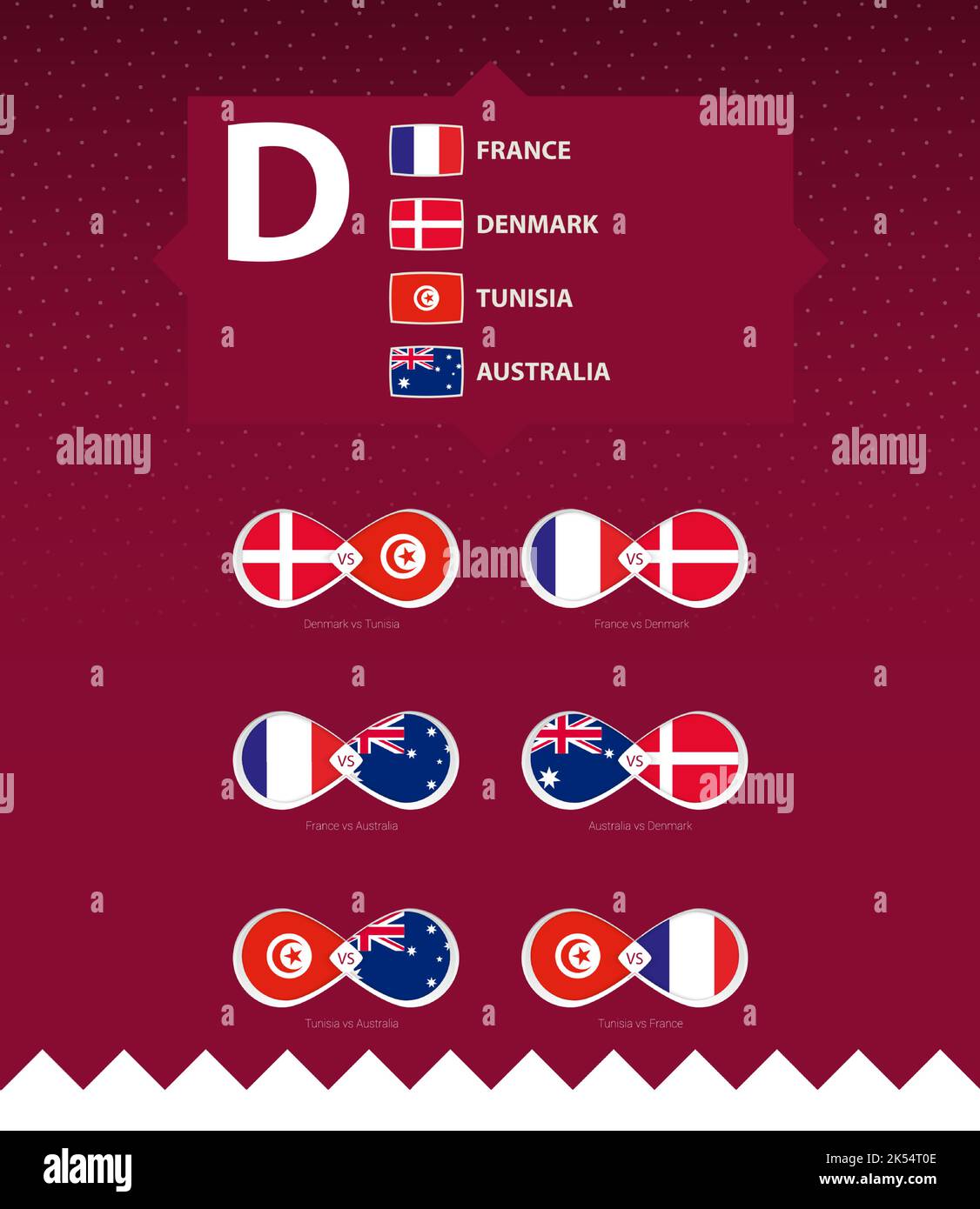Gruppo D di tornei di calcio, bandiere e set di icone partita. Raccolta vettoriale. Illustrazione Vettoriale